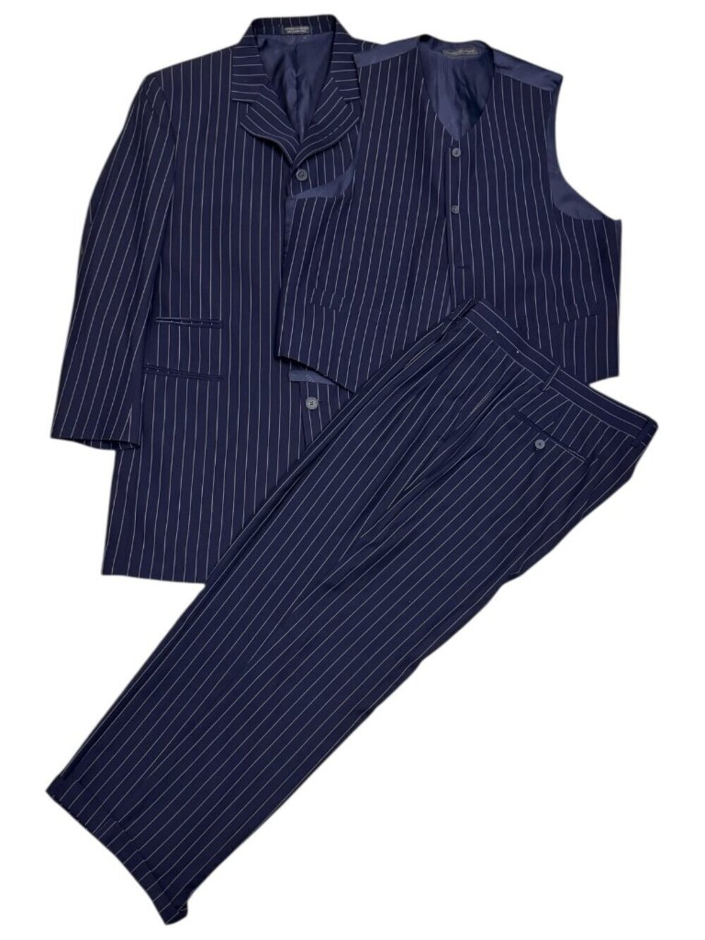 VITTORIO ST ANGELO Pinstripe Luxury Designer 3-Piece Blue Business Suit Mens 44R